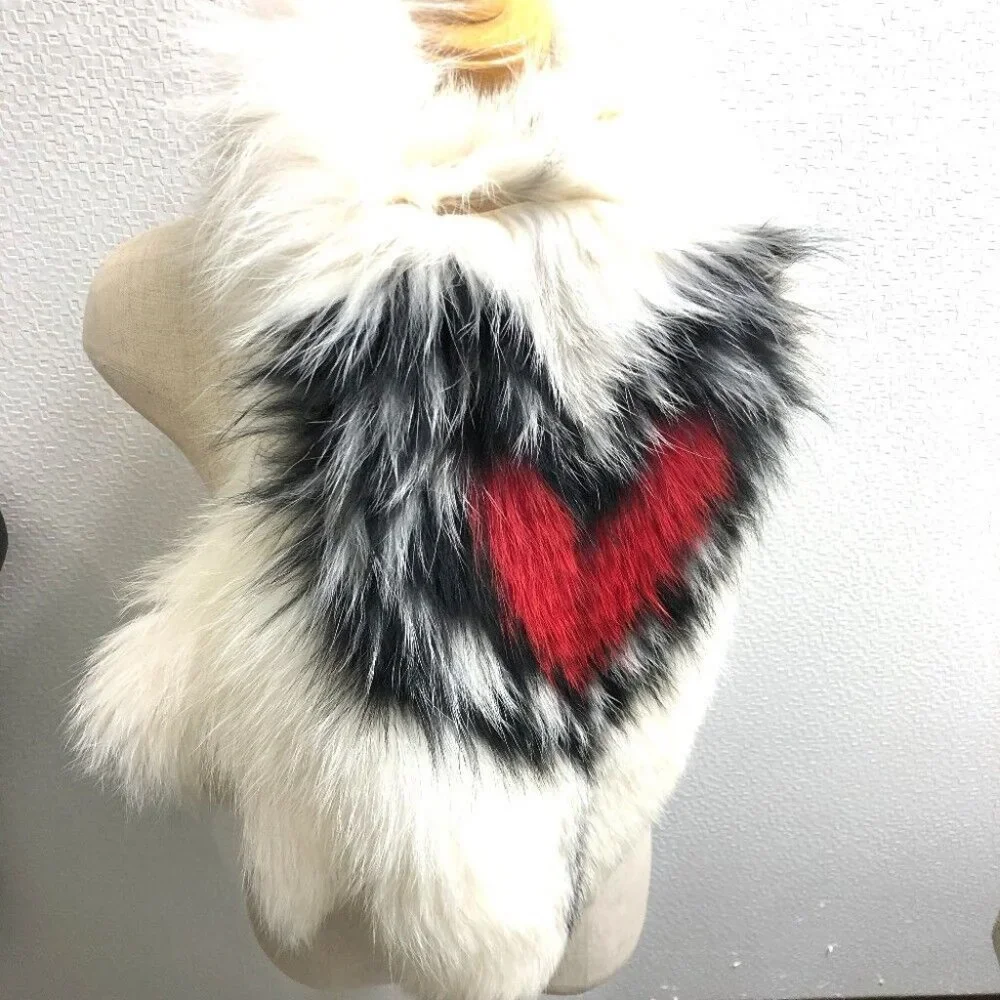 AUTH Dior 86FUR250I820 heart fur Scarf Nylon White/Red/Black